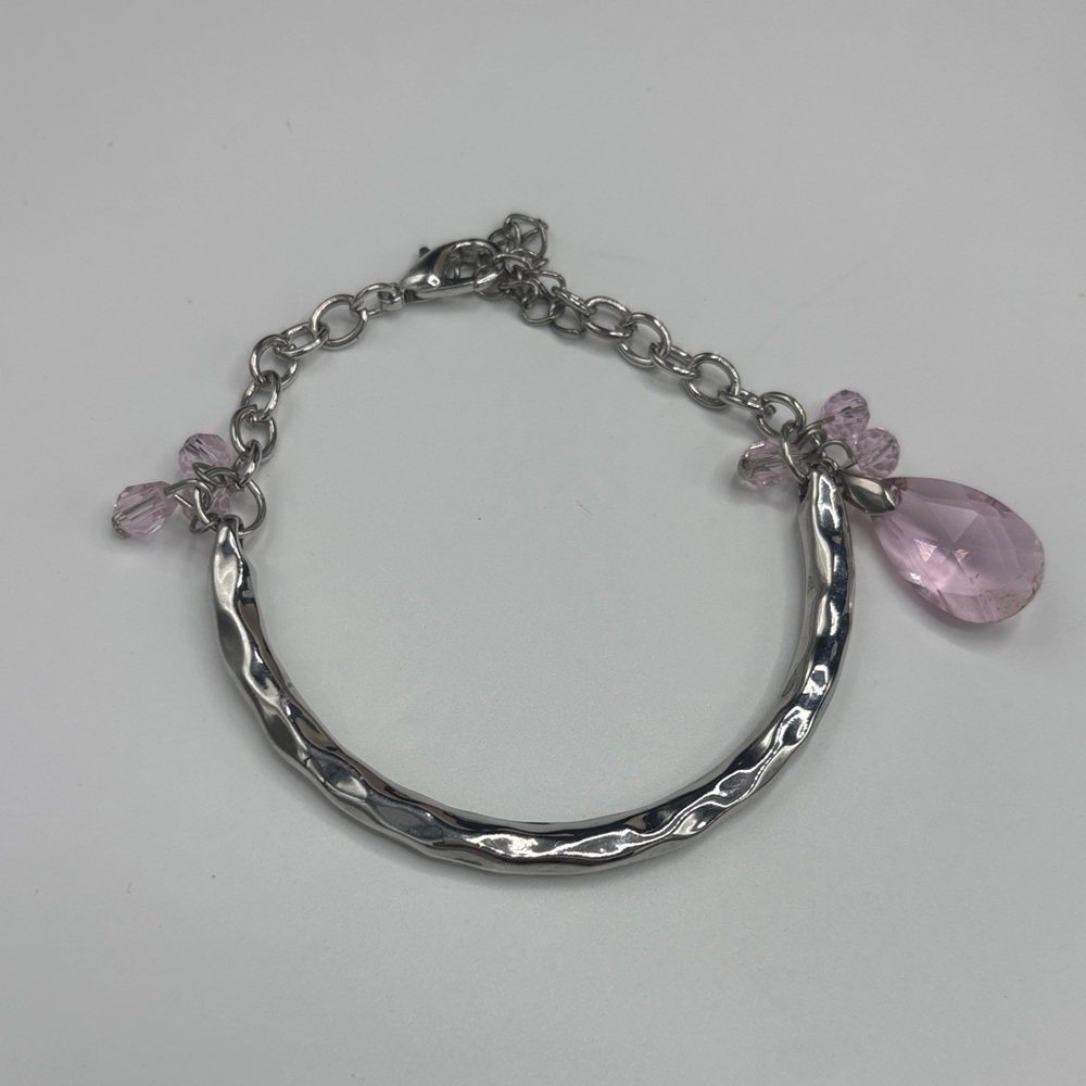 Silver-Tone Bracelet with Pink Teardrop Crystal Charm